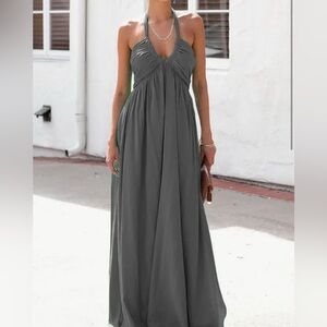 Dress L Gray Halter maxi Sleeveless Backless boho bohemian goth Emo spring long